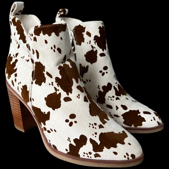 MIA Women's Size 6.5 Ivory Brown Cow Print Ankle Boots Heeled Western Boots - Picture 7 of 14